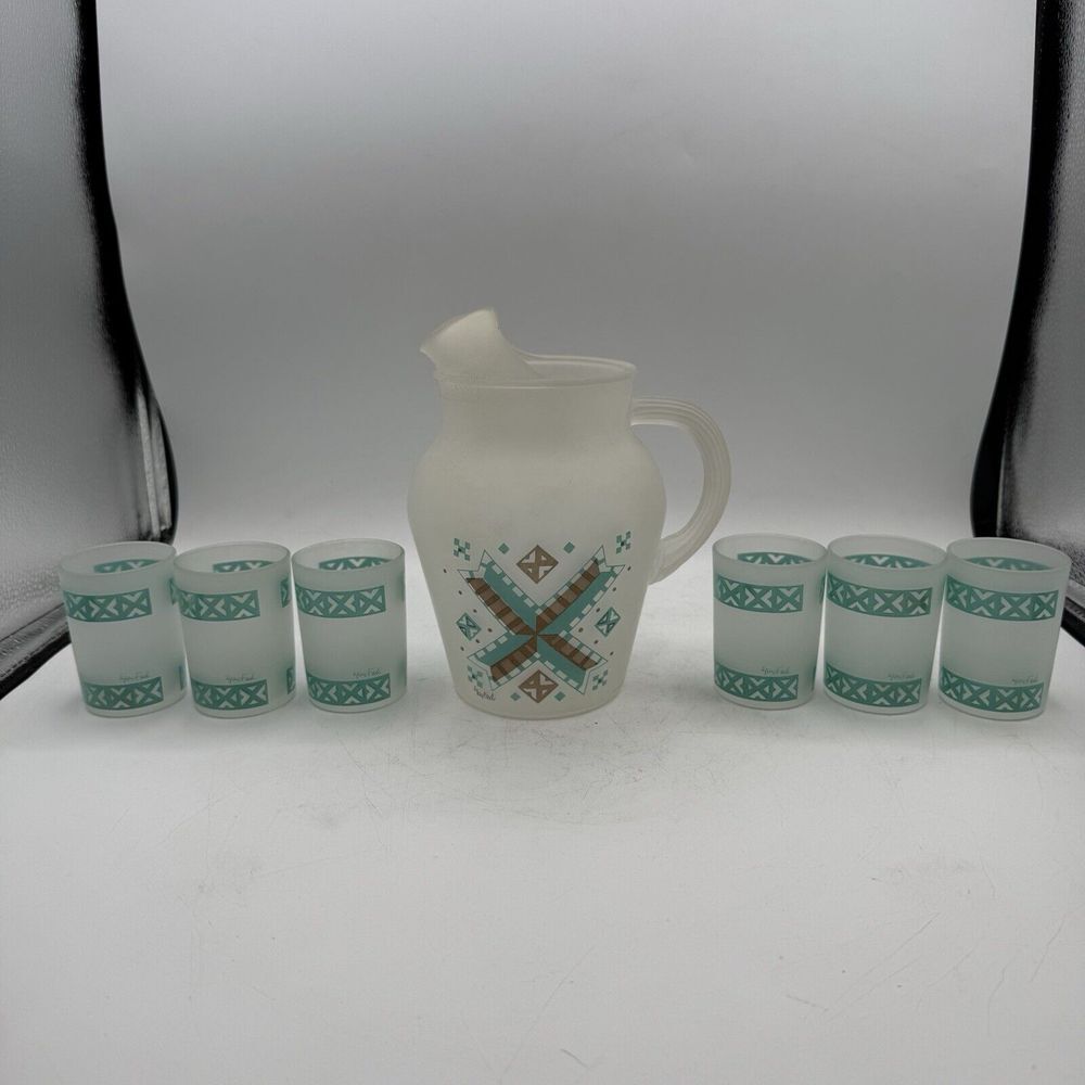 VTG MCM Hazel Atlas Signed Gay Fad Frosted Pitcher & Juice Glasses 7‎ Piece Set